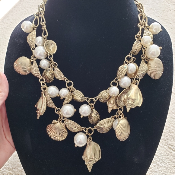 SOLD Talbots Double Layer Gold Shell, Rhinestone and Pearl Necklace - Picture 2 of 8